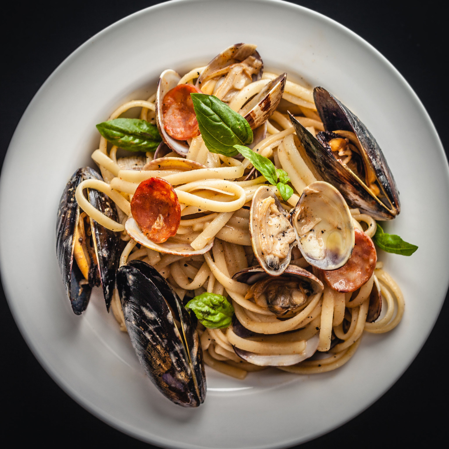 Clams and Mussels Linguine. Spanish Chorizo and a Lager Reduction