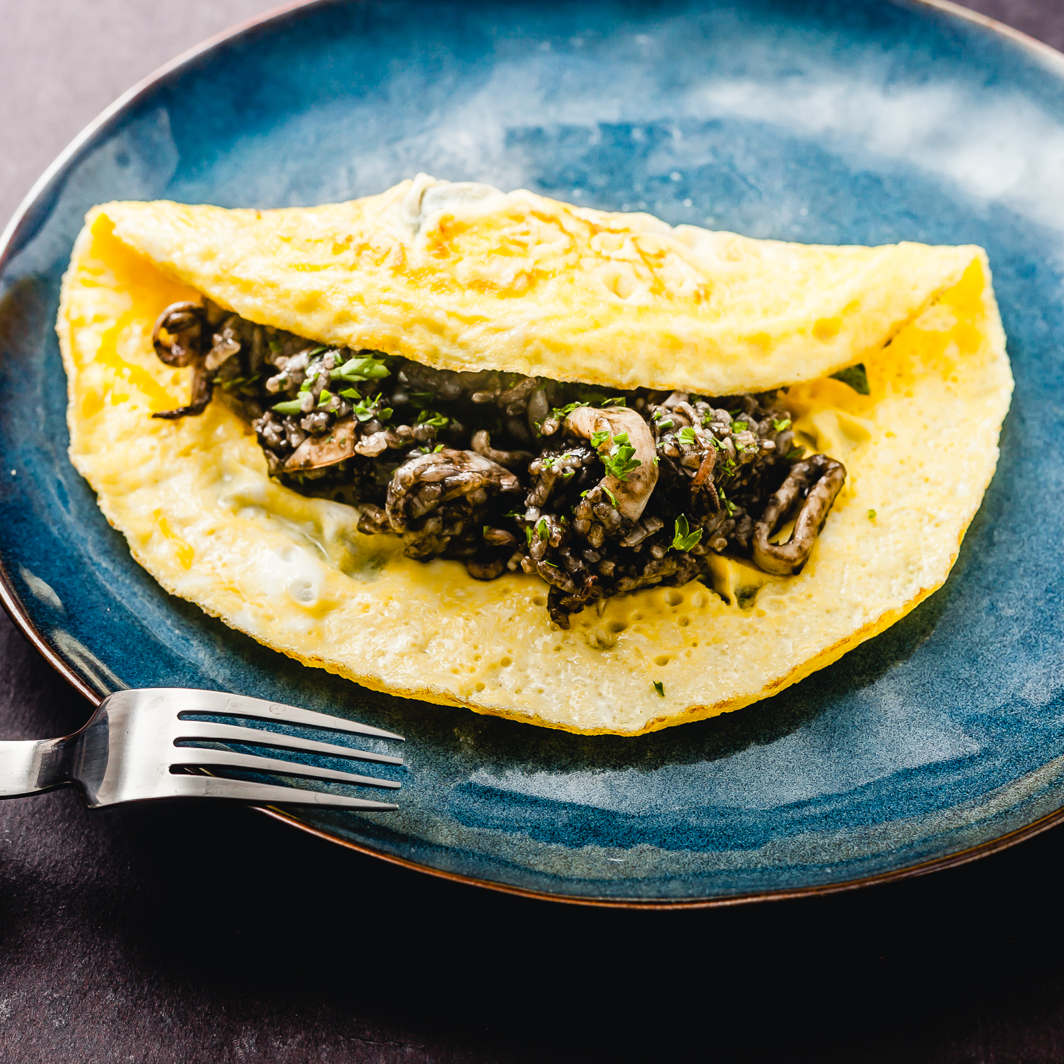 Open omelet with Seafood Squid Ink Rice. Almost a Fail but a Success